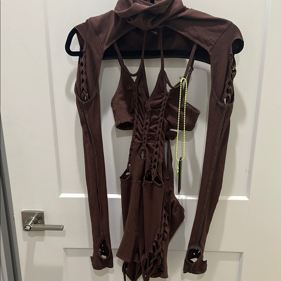 Darker Wavs CHORD SHREDDED ROMPER WITH SHRUG - BROWN - Picture 1 of 1